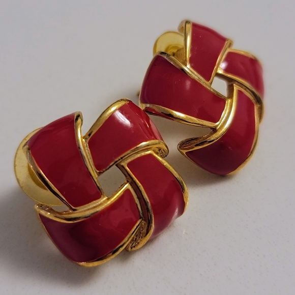 Jewelry - Beautiful Vintage Bright Red Enamel & Gold Tone Ribbon/Knot Pierced Earrings, 1”